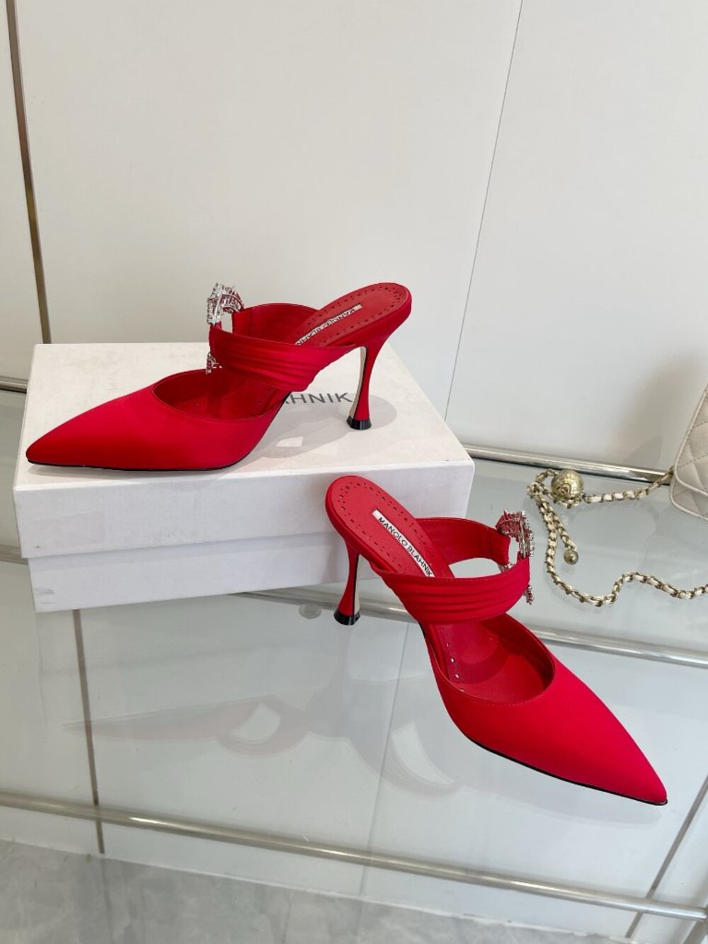 Manolo Blahnik Crystal Embellished Red Satin Pointed-Toe Mules - Picture 8 of 10